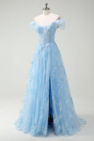 Sparkly Sky Blue Off The Shoulder A-Line Corset Long Formal Dress with Slit