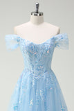 Sparkly Sky Blue Off The Shoulder A-Line Corset Long Formal Dress with Slit