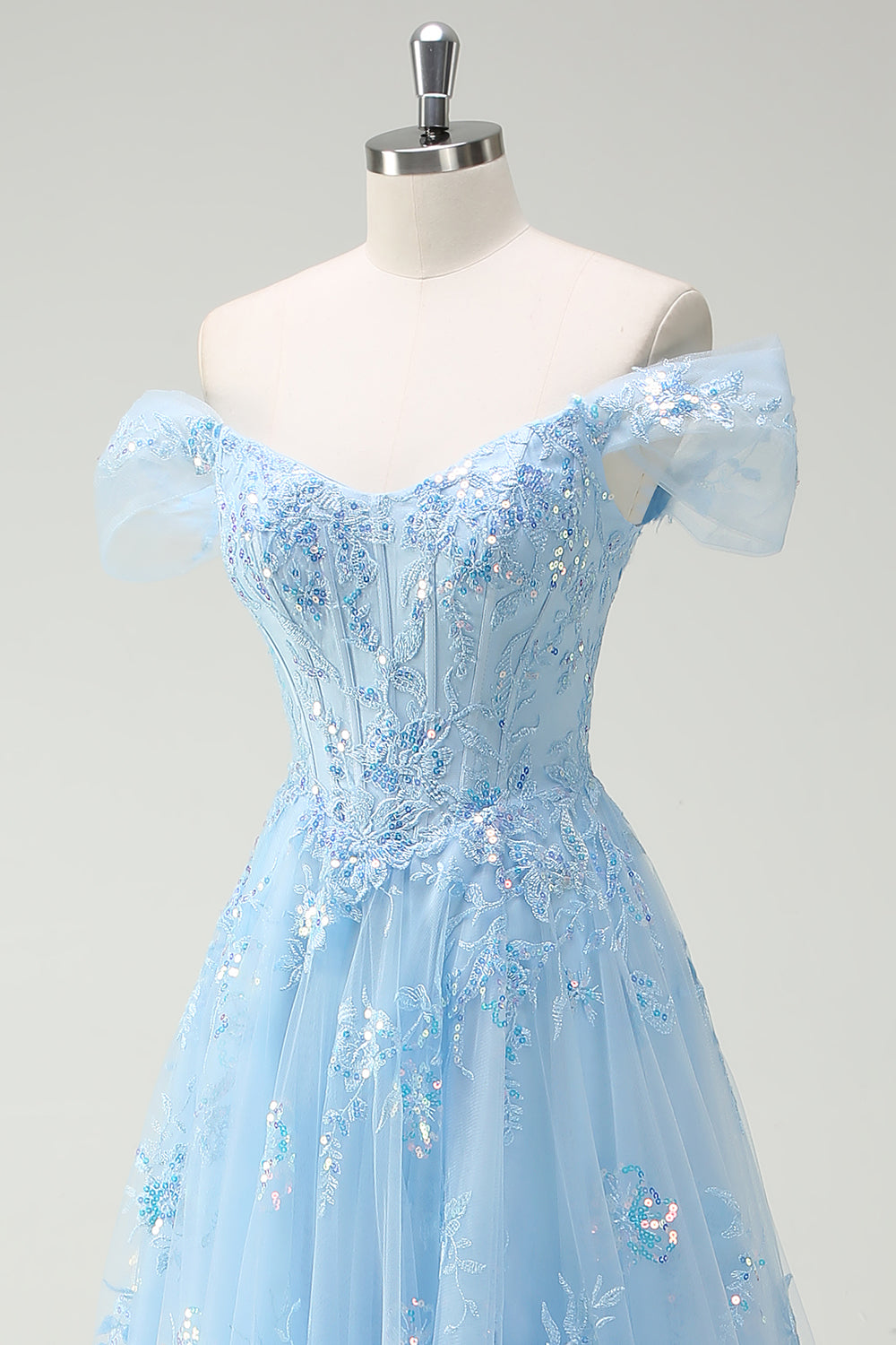 Sparkly Sky Blue Off The Shoulder A-Line Corset Long Formal Dress with Slit