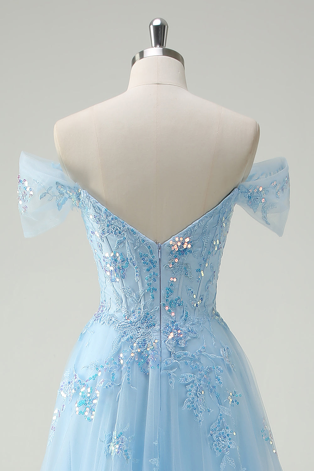 Sparkly Sky Blue Off The Shoulder A-Line Corset Long Formal Dress with Slit