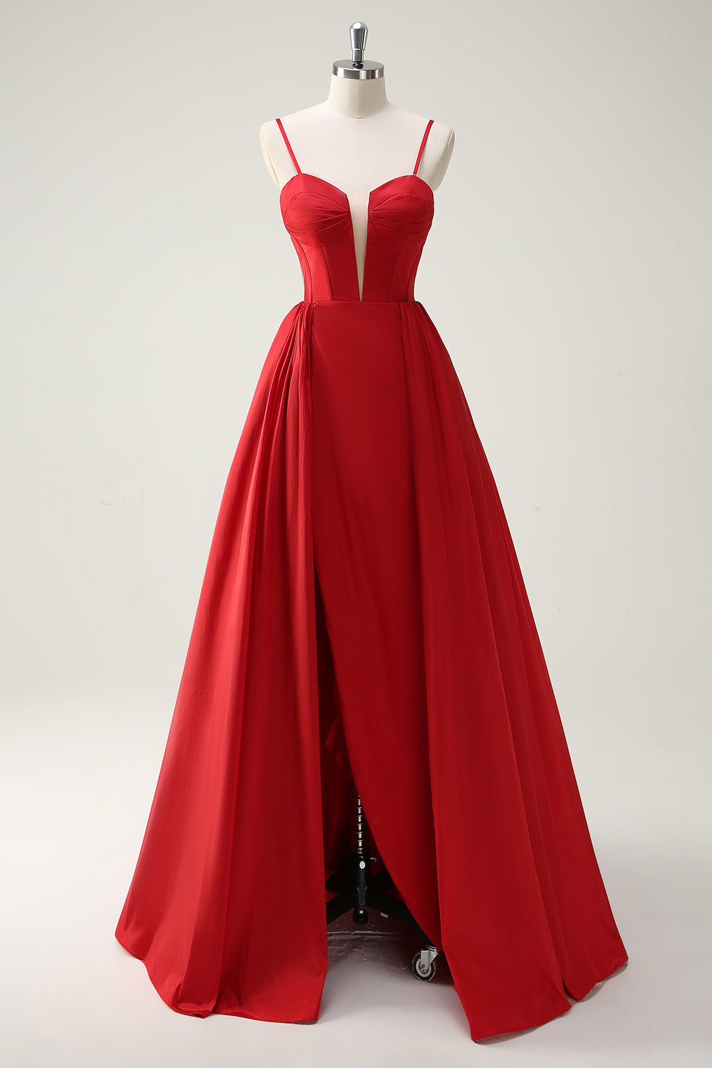 Red Ball-Gown Spaghetti Straps Lace Up Back Long Formal Dress with Slit