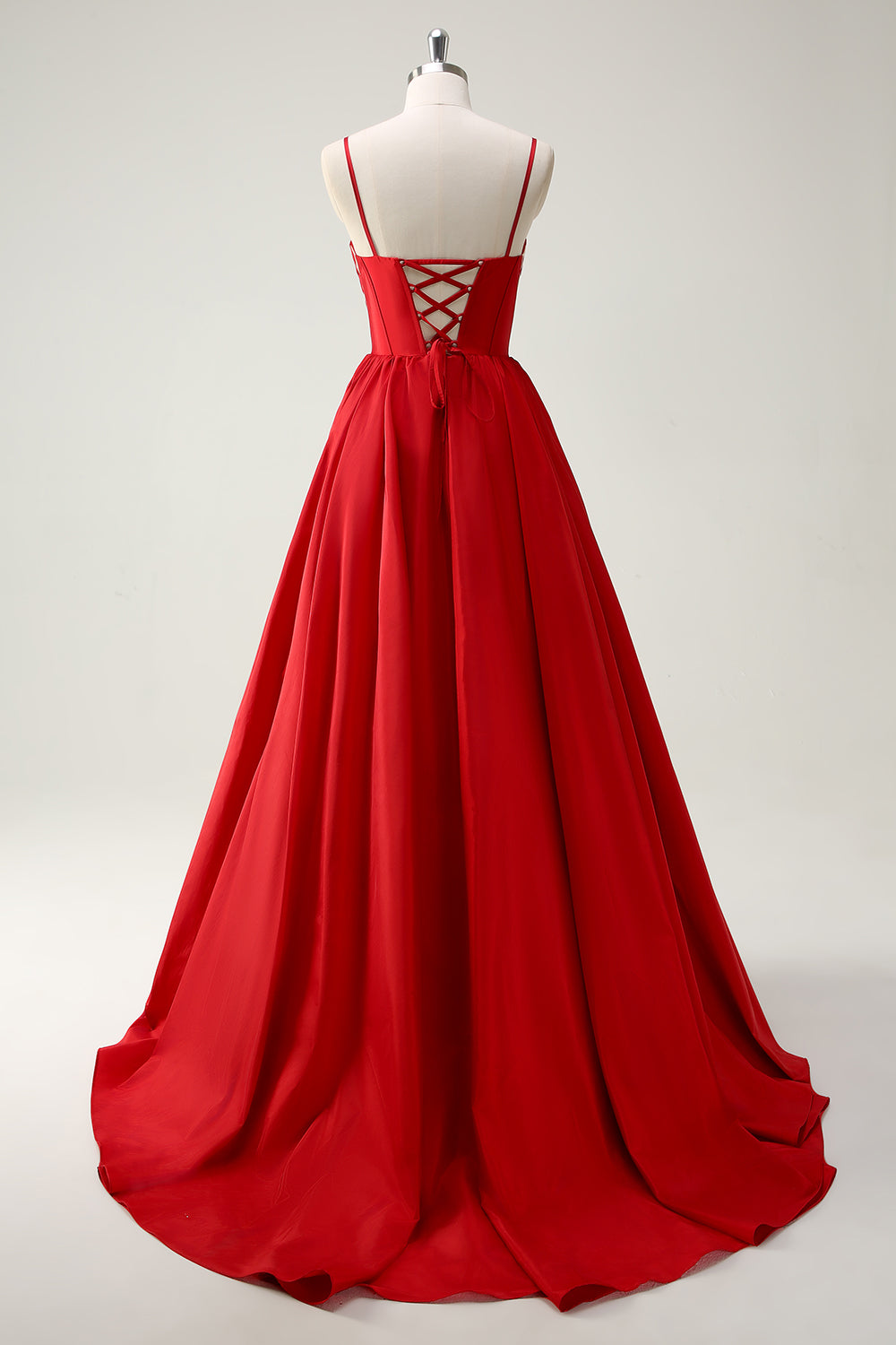 Red Ball-Gown Spaghetti Straps Lace Up Back Long Formal Dress with Slit