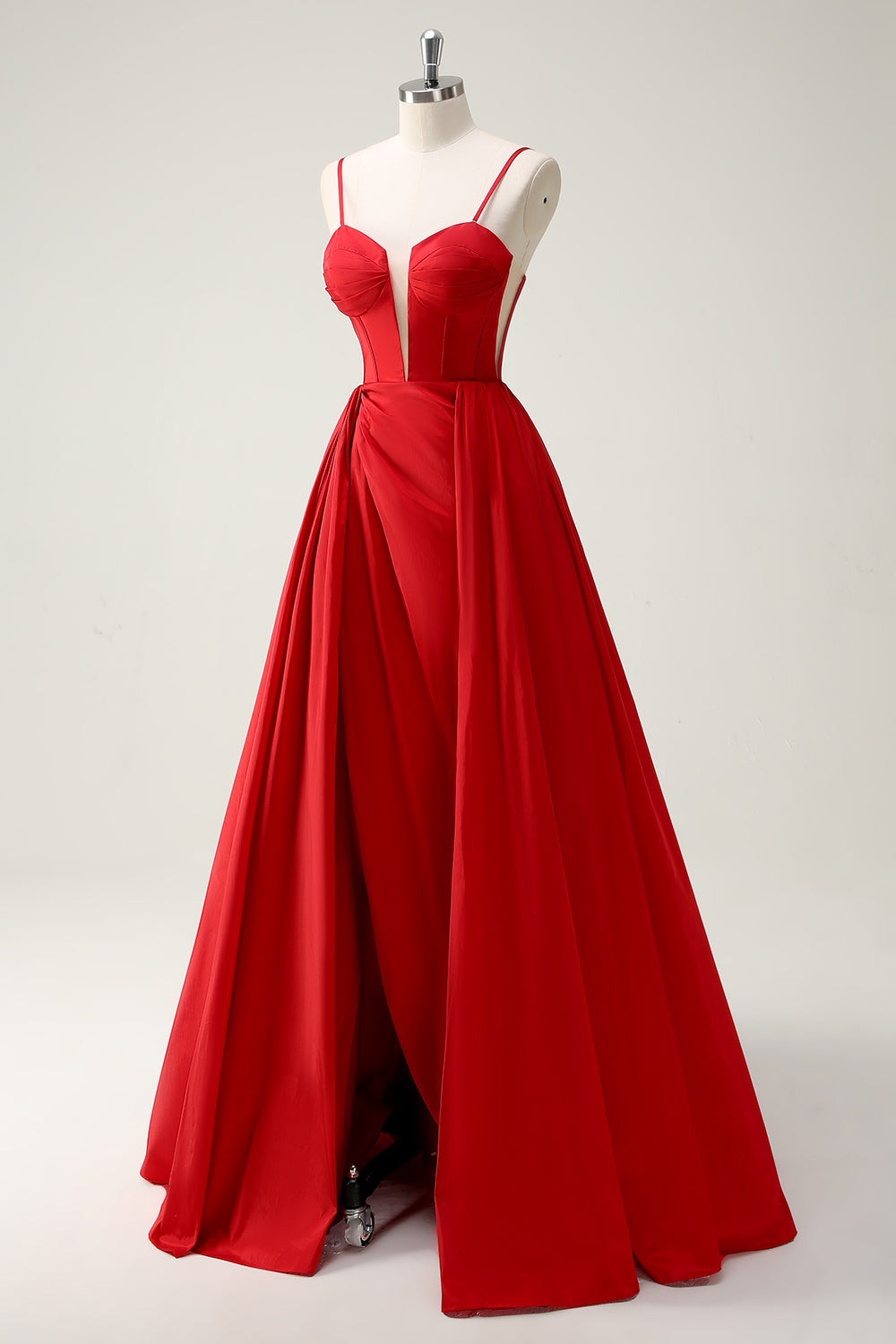 Red Ball-Gown Spaghetti Straps Lace Up Back Long Formal Dress with Slit