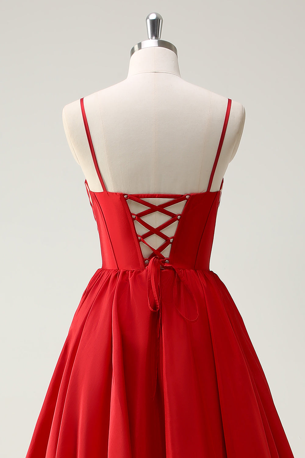 Red Ball-Gown Spaghetti Straps Lace Up Back Long Formal Dress with Slit