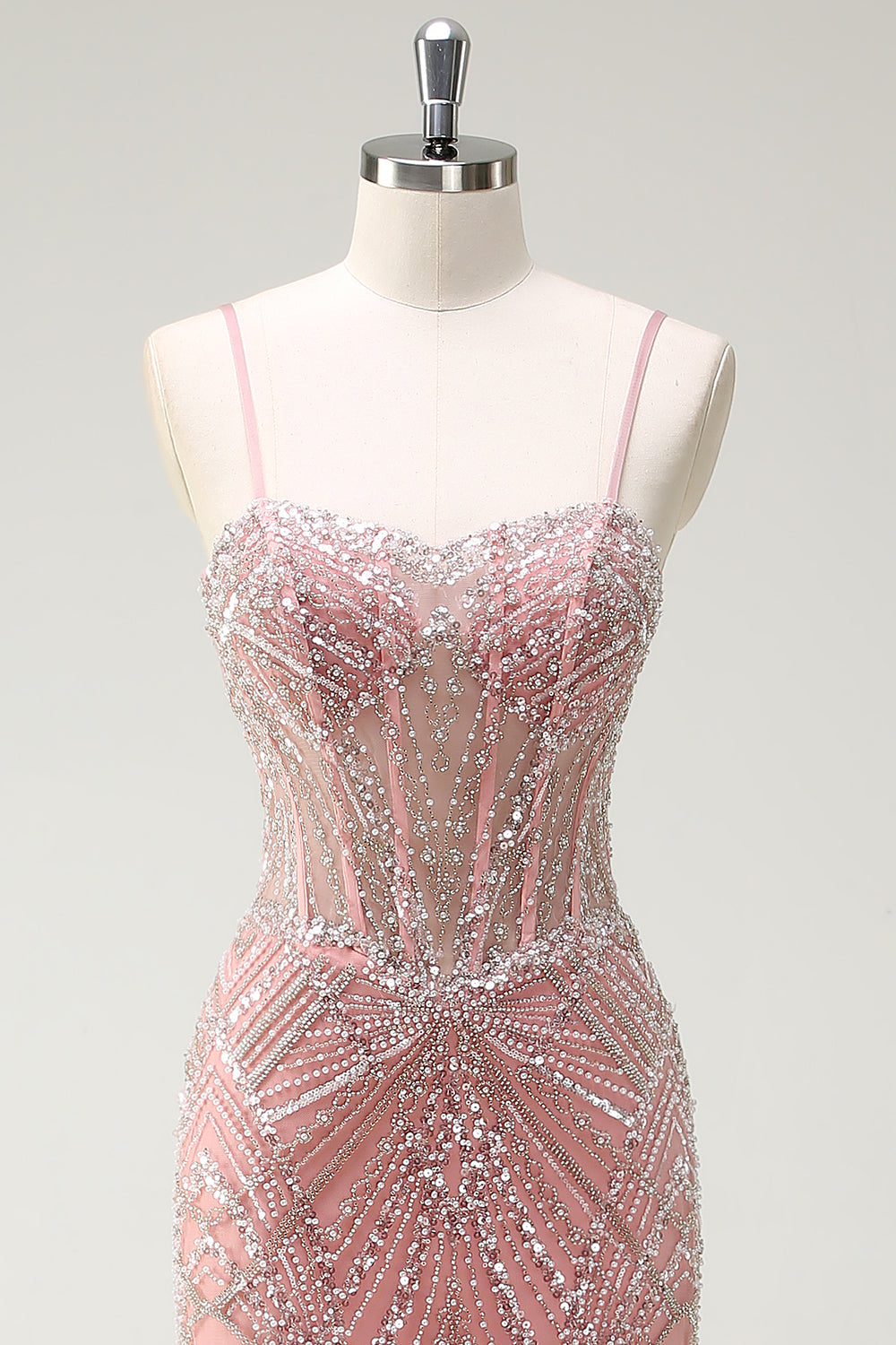 Sparkly Pink Mermaid Spaghetti Straps Corset Long Formal Dress