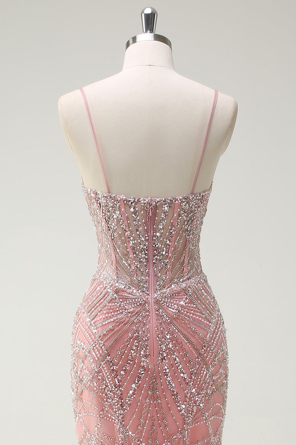 Sparkly Pink Mermaid Spaghetti Straps Corset Long Formal Dress