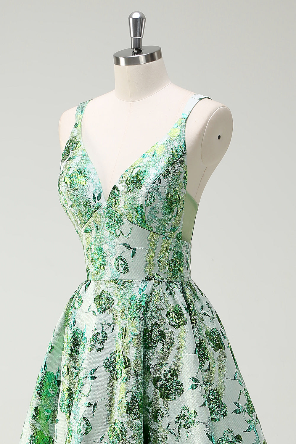 Sparkly Green Floral A-Line Spaghetti Straps Long Formal Dress