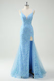 Sky Blue Mermaid Spaghetti Straps Appliqued Long Formal Dress with Slit