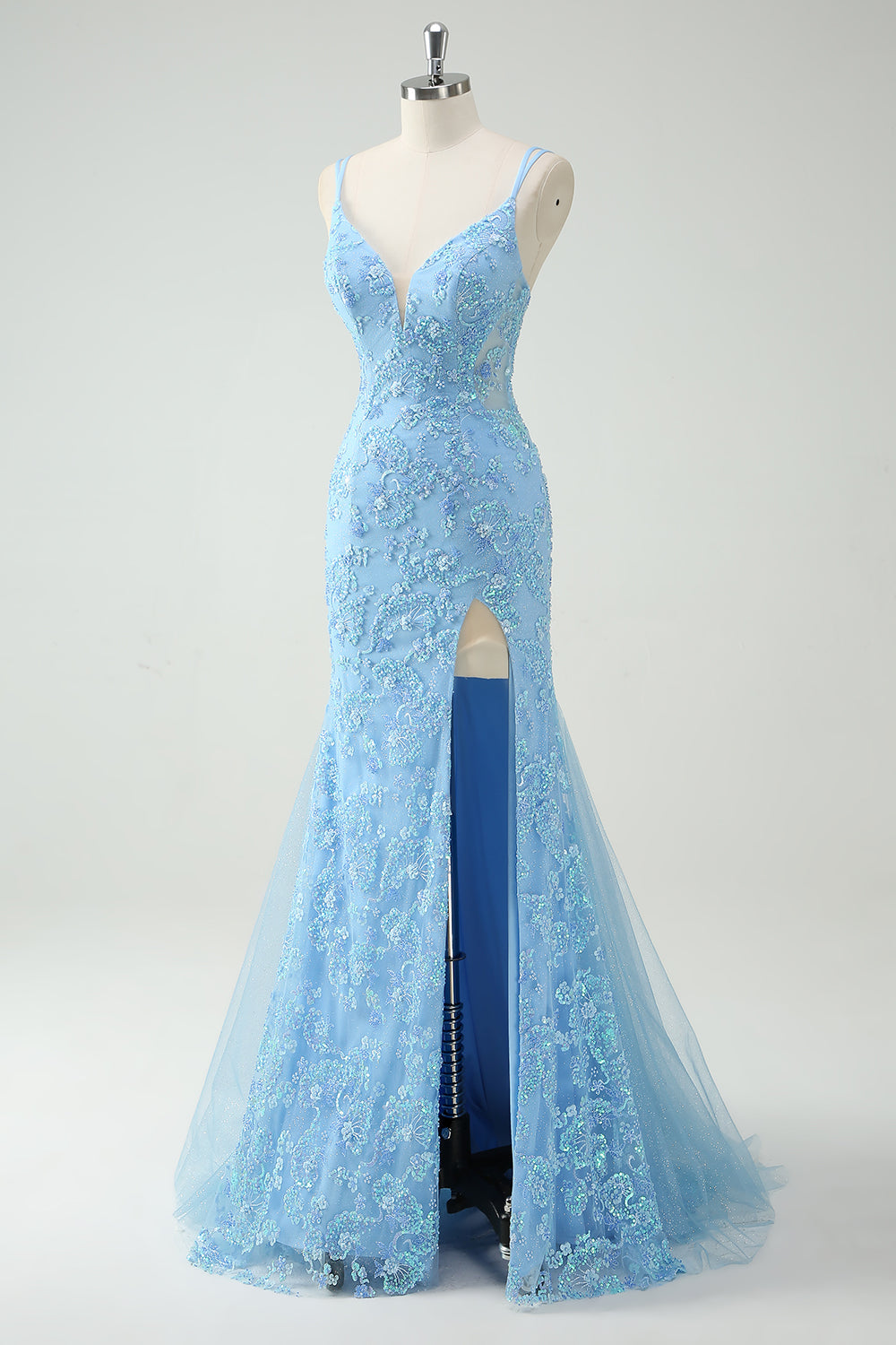 Sky Blue Mermaid Spaghetti Straps Appliqued Long Formal Dress with Slit