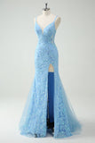 Sky Blue Mermaid Spaghetti Straps Appliqued Long Formal Dress with Slit