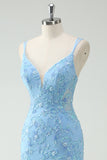 Sky Blue Mermaid Spaghetti Straps Appliqued Long Formal Dress with Slit