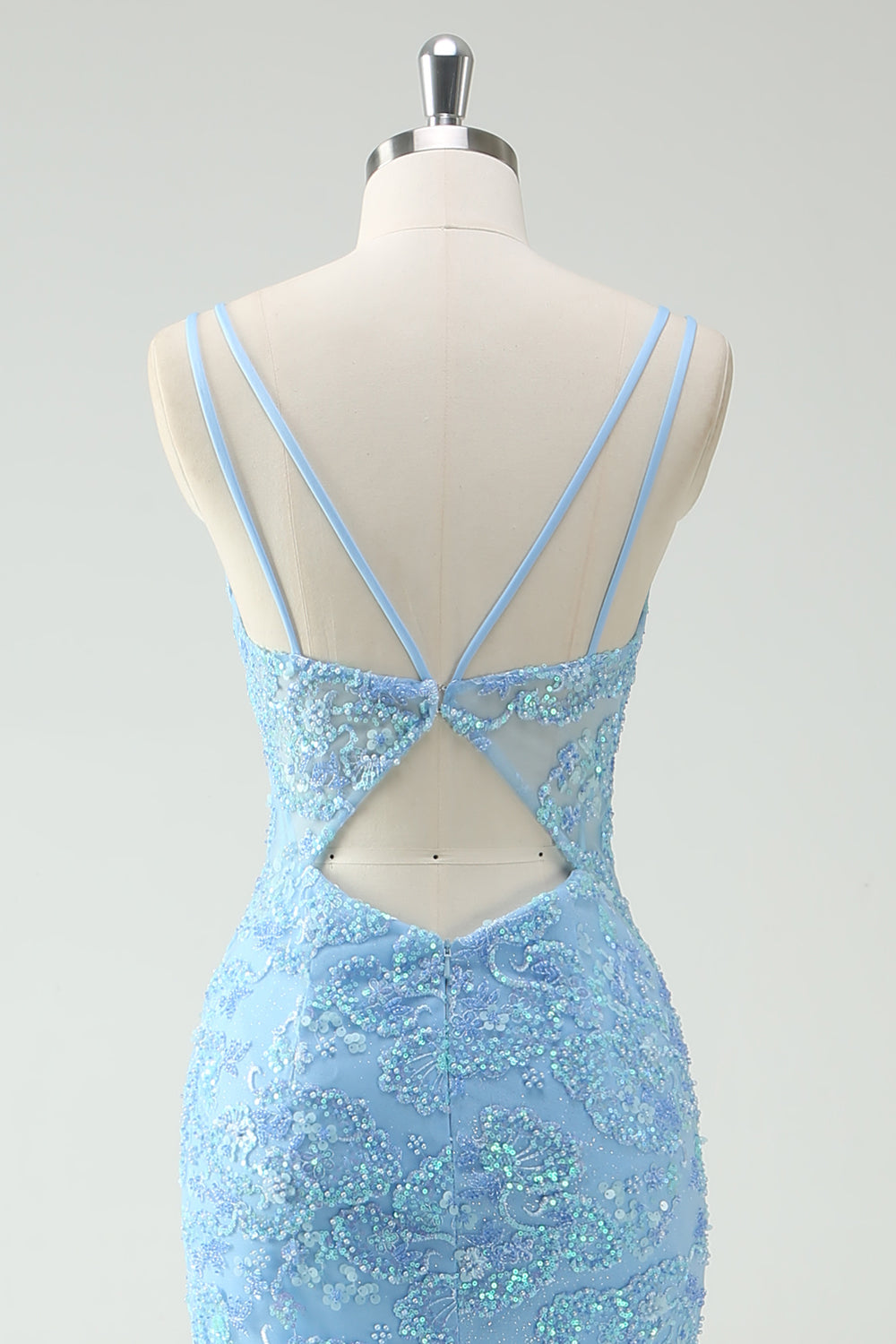Sky Blue Mermaid Spaghetti Straps Appliqued Long Formal Dress with Slit