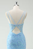 Sky Blue Mermaid Spaghetti Straps Appliqued Long Formal Dress with Slit