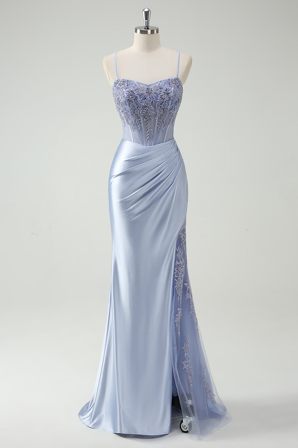 Light Blue Mermaid Ruched Long Formal Dress with Appliqued Beading