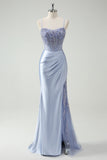 Light Blue Mermaid Ruched Long Formal Dress with Appliqued Beading