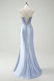 Light Blue Mermaid Ruched Long Formal Dress with Appliqued Beading