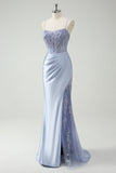 Light Blue Mermaid Ruched Long Formal Dress with Appliqued Beading