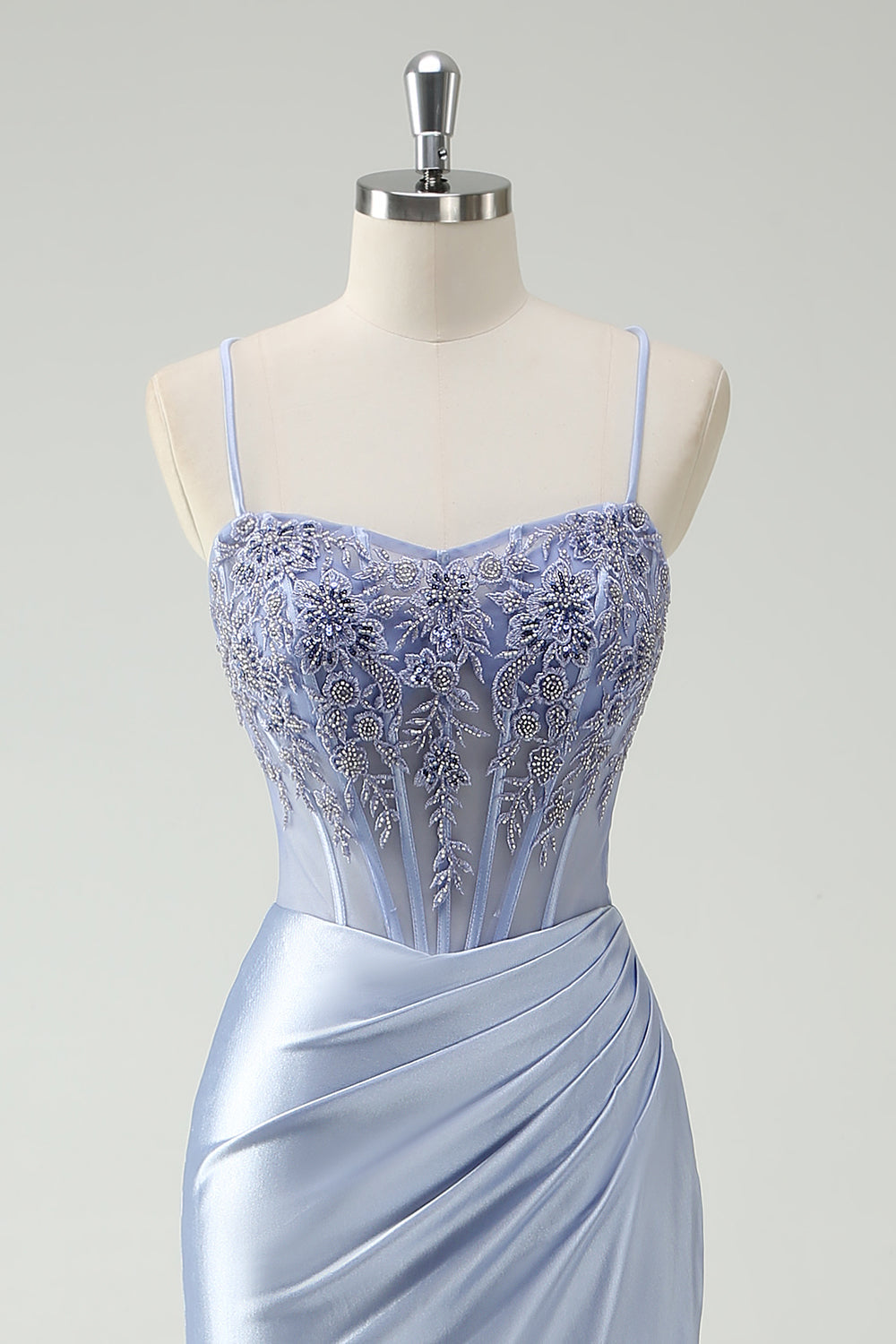 Light Blue Mermaid Ruched Long Formal Dress with Appliqued Beading