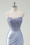 Light Blue Mermaid Ruched Long Formal Dress with Appliqued Beading