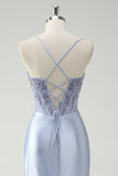 Light Blue Mermaid Ruched Long Formal Dress with Appliqued Beading