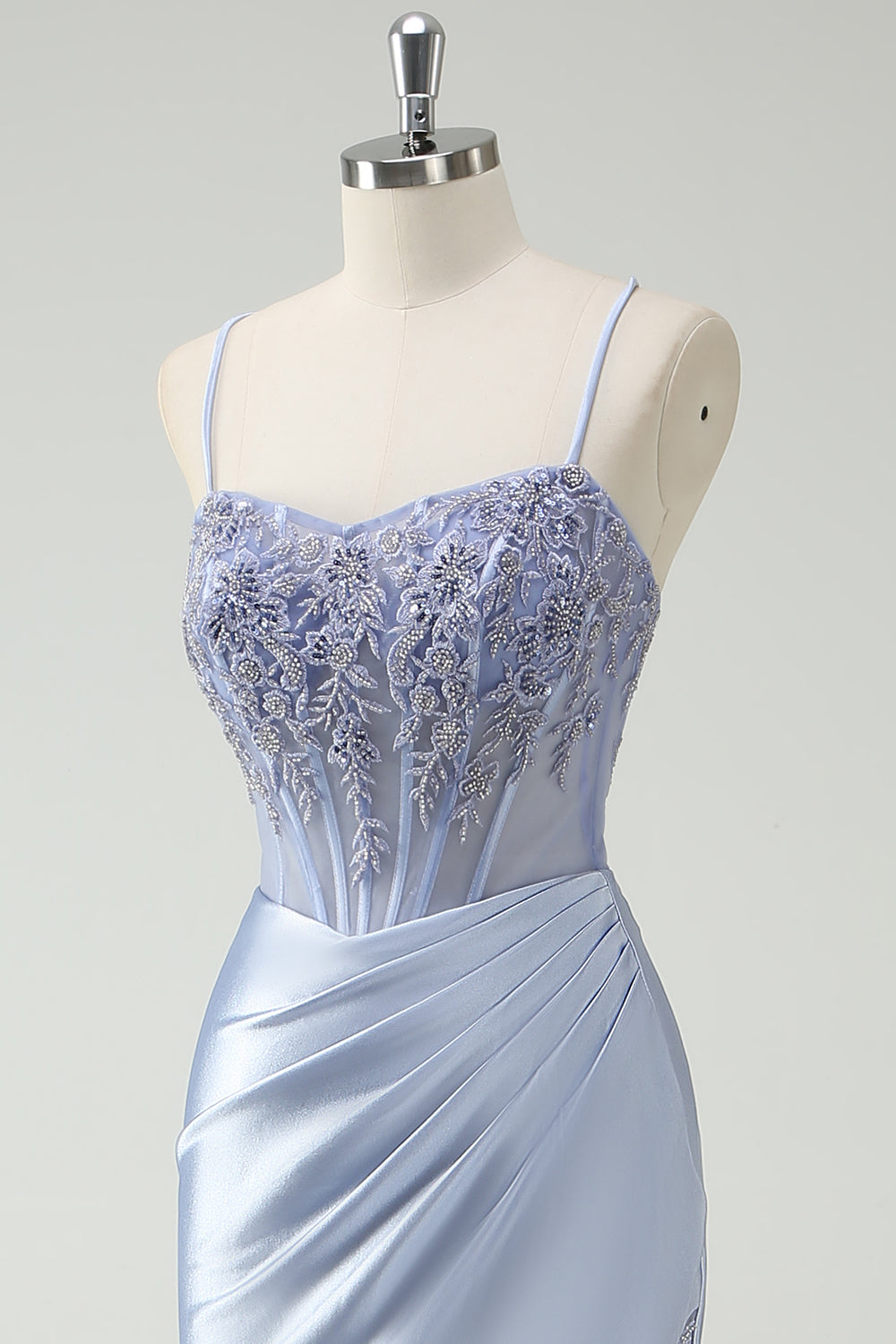 Light Blue Mermaid Ruched Long Formal Dress with Appliqued Beading