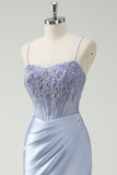 Light Blue Mermaid Ruched Long Formal Dress with Appliqued Beading