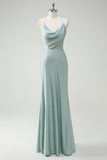 Sage Mermaid Spaghetti Straps Ruched Long Formal Dress with Lace Up Back