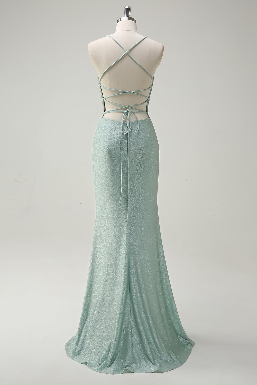 Sage Mermaid Spaghetti Straps Ruched Long Formal Dress with Lace Up Back