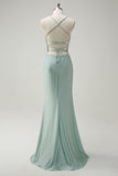 Sage Mermaid Spaghetti Straps Ruched Long Formal Dress with Lace Up Back
