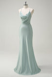 Sage Mermaid Spaghetti Straps Ruched Long Formal Dress with Lace Up Back