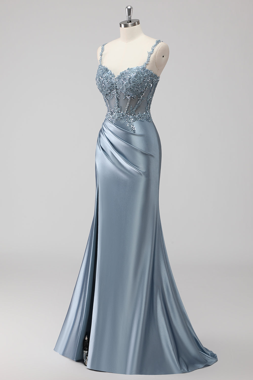 Grey Blue Satin Corset Long Mermaid Sequin Formal Dress with Slit