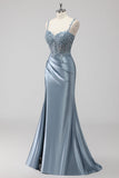 Grey Blue Satin Corset Long Mermaid Sequin Formal Dress with Slit