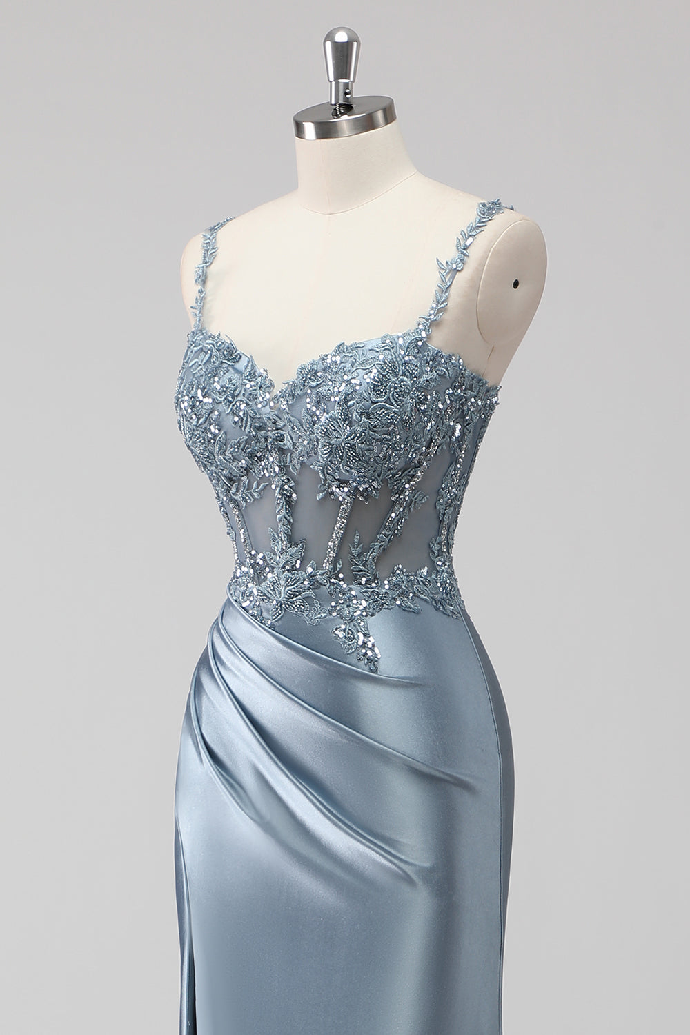 Grey Blue Satin Corset Long Mermaid Sequin Formal Dress with Slit