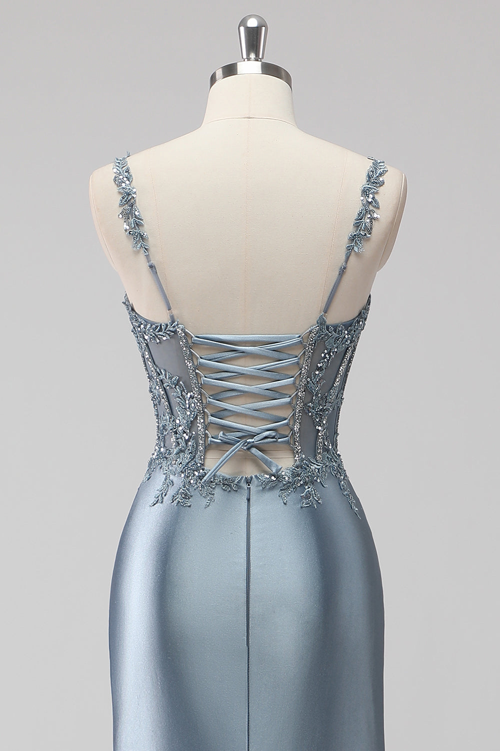 Grey Blue Satin Corset Long Mermaid Sequin Formal Dress with Slit