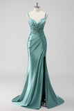 Green Satin Long Sequin Mermaid Ruched Prom Dress with Slit