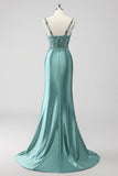Green Satin Long Sequin Mermaid Ruched Prom Dress with Slit