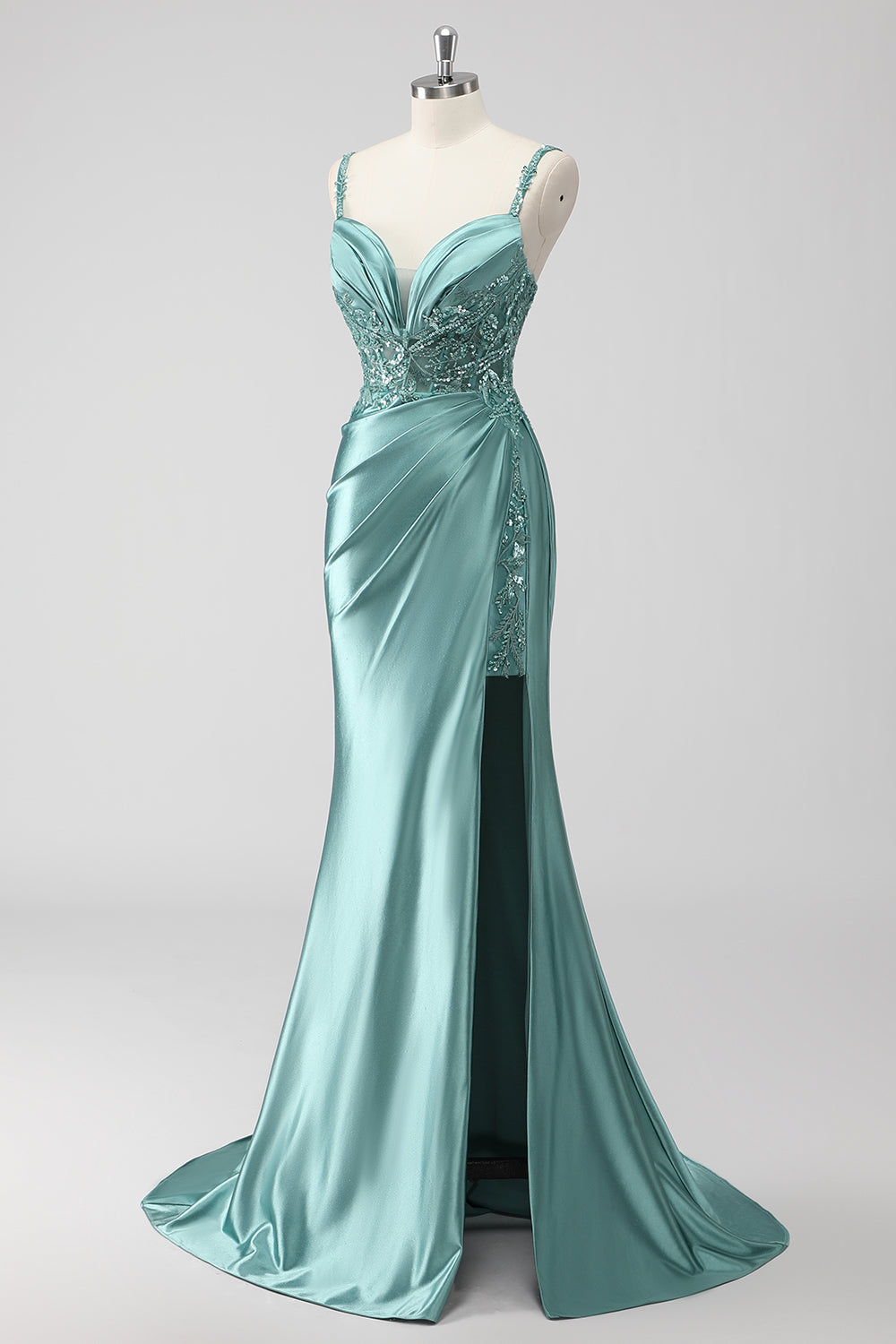 Green Satin Long Sequin Mermaid Ruched Prom Dress with Slit