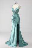 Green Satin Long Sequin Mermaid Ruched Prom Dress with Slit