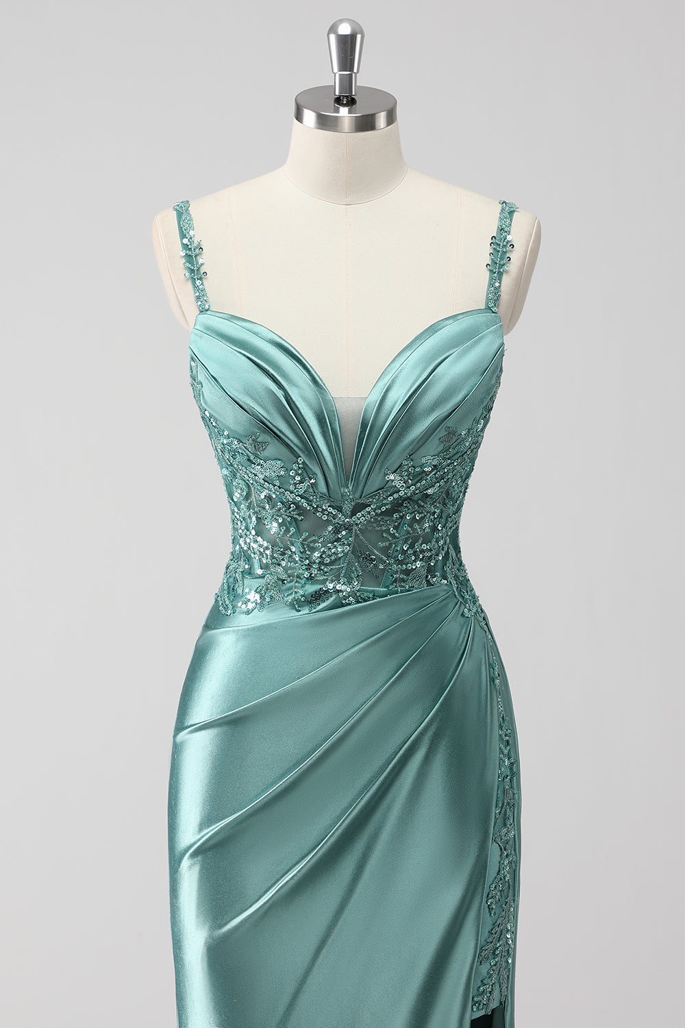 Green Satin Long Sequin Mermaid Ruched Prom Dress with Slit