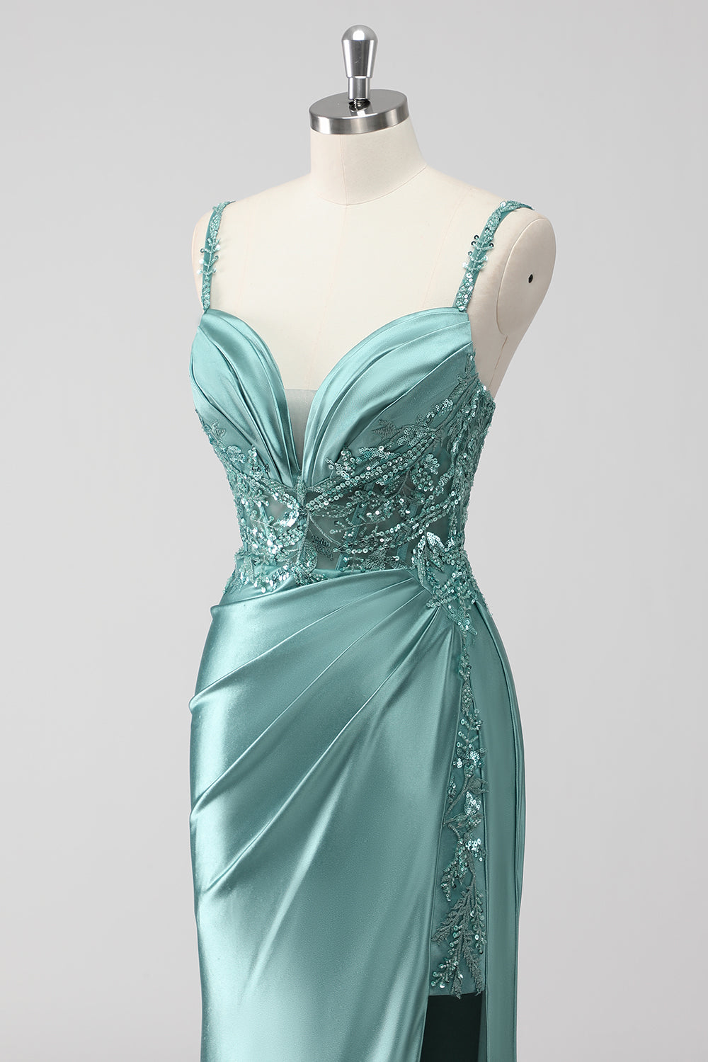 Green Satin Long Sequin Mermaid Ruched Prom Dress with Slit