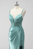 Green Satin Long Sequin Mermaid Ruched Prom Dress with Slit