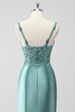 Green Satin Long Sequin Mermaid Ruched Prom Dress with Slit