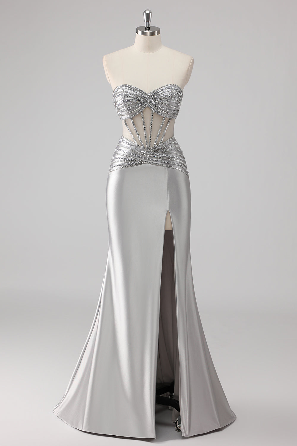 Grey Satin Strapless Long Beaded Mermaid Prom Dress with Slit
