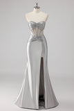 Grey Satin Strapless Long Beaded Mermaid Prom Dress with Slit