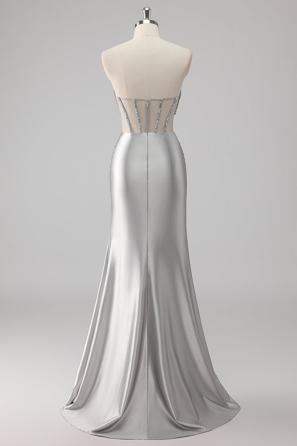 Grey Satin Strapless Long Beaded Mermaid Prom Dress with Slit