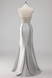 Grey Satin Strapless Long Beaded Mermaid Prom Dress with Slit
