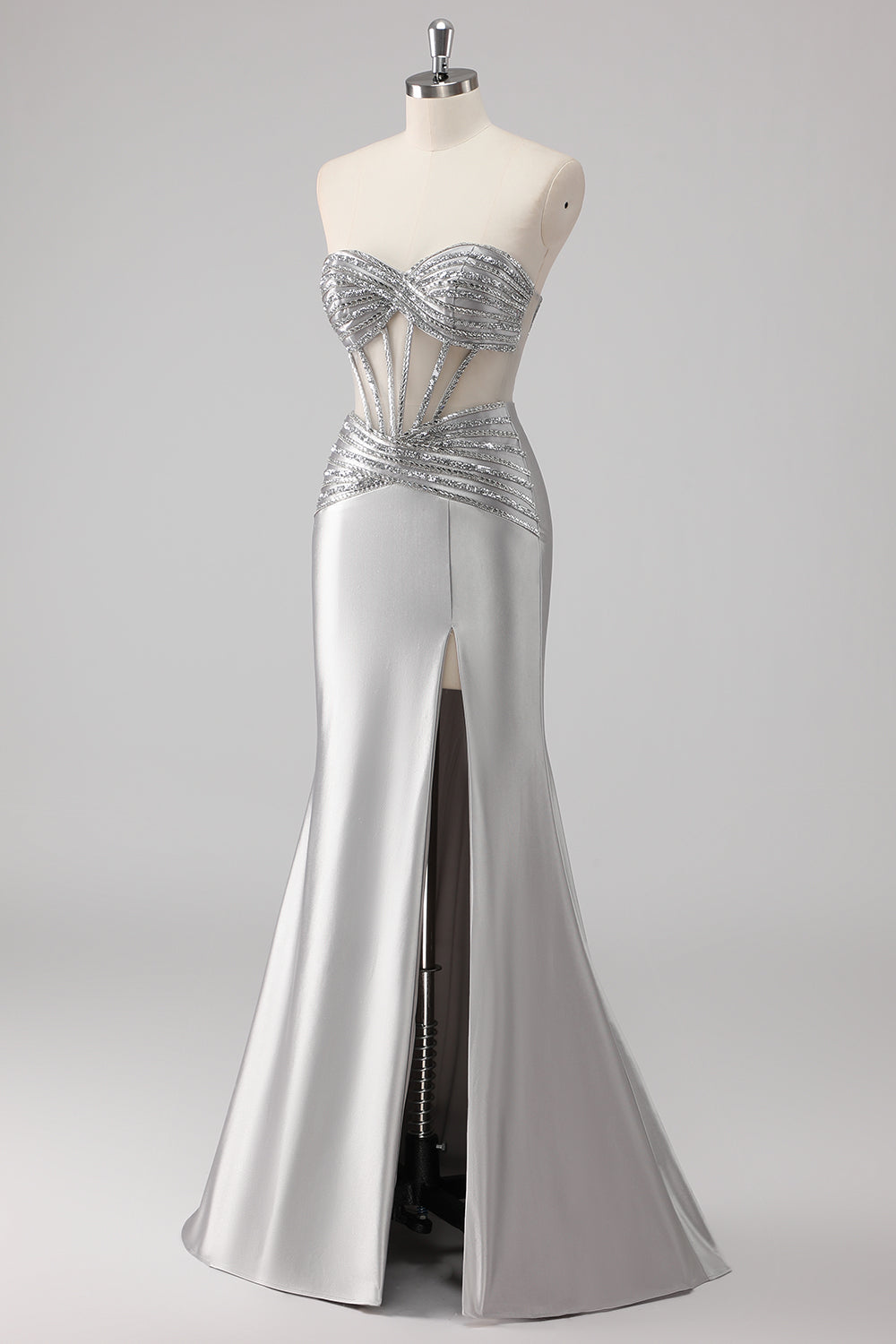 Grey Satin Strapless Long Beaded Mermaid Prom Dress with Slit