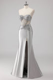 Grey Satin Strapless Long Beaded Mermaid Prom Dress with Slit