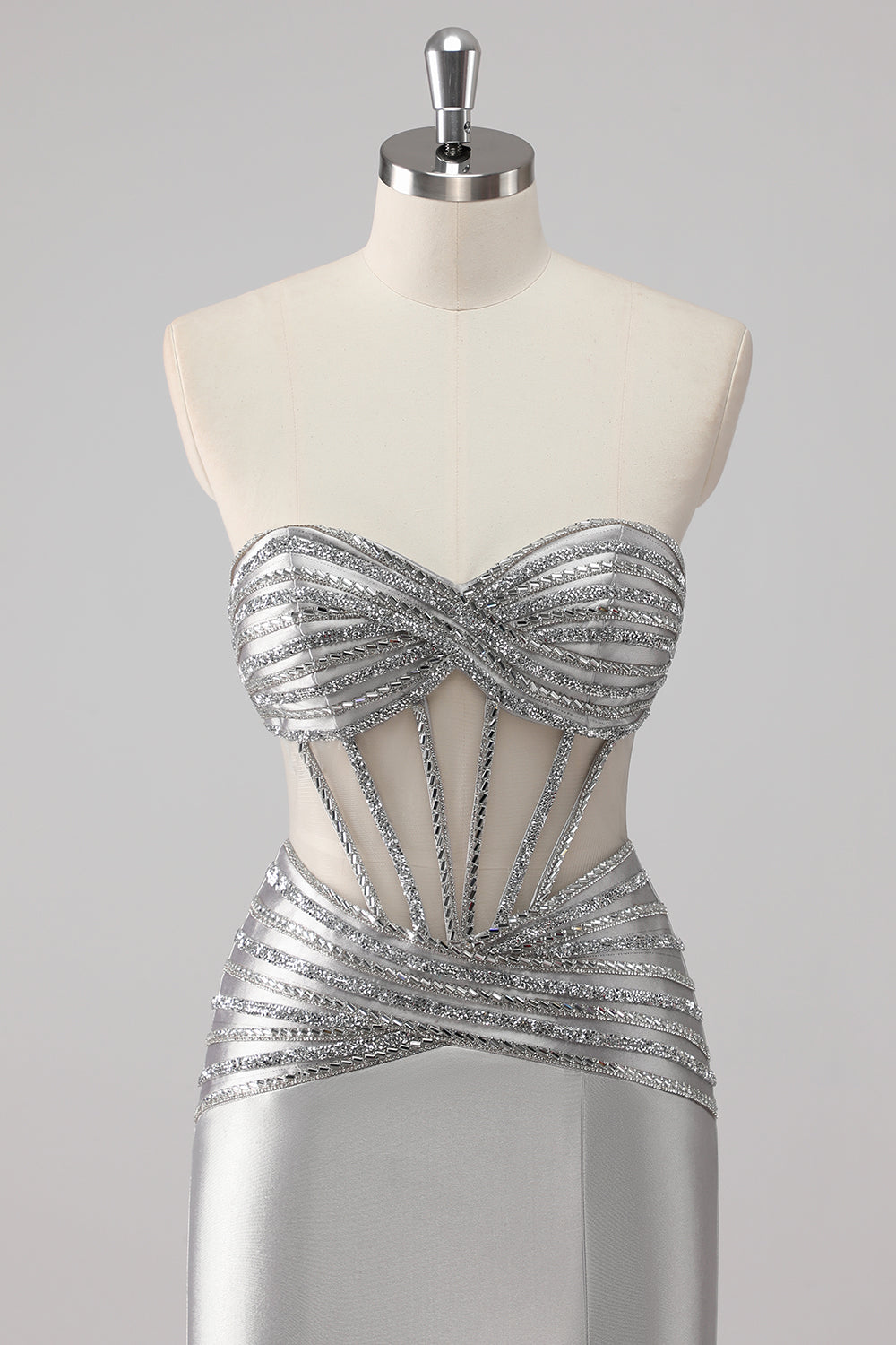 Grey Satin Strapless Long Beaded Mermaid Prom Dress with Slit