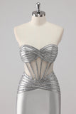 Grey Satin Strapless Long Beaded Mermaid Prom Dress with Slit